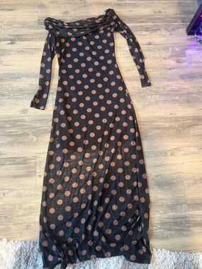 Black Maxi Dress with Brown Polka Dots - Off-Shoulder Long Sleeve